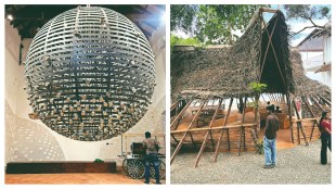 Barakah, an Indo-Pakistani collaborative work, by Anupama Kundoo and Bani Abidi (L) and Divine Smiles, Jamaica-born artist Nari Ward's giant spherical hanging installation (R)
