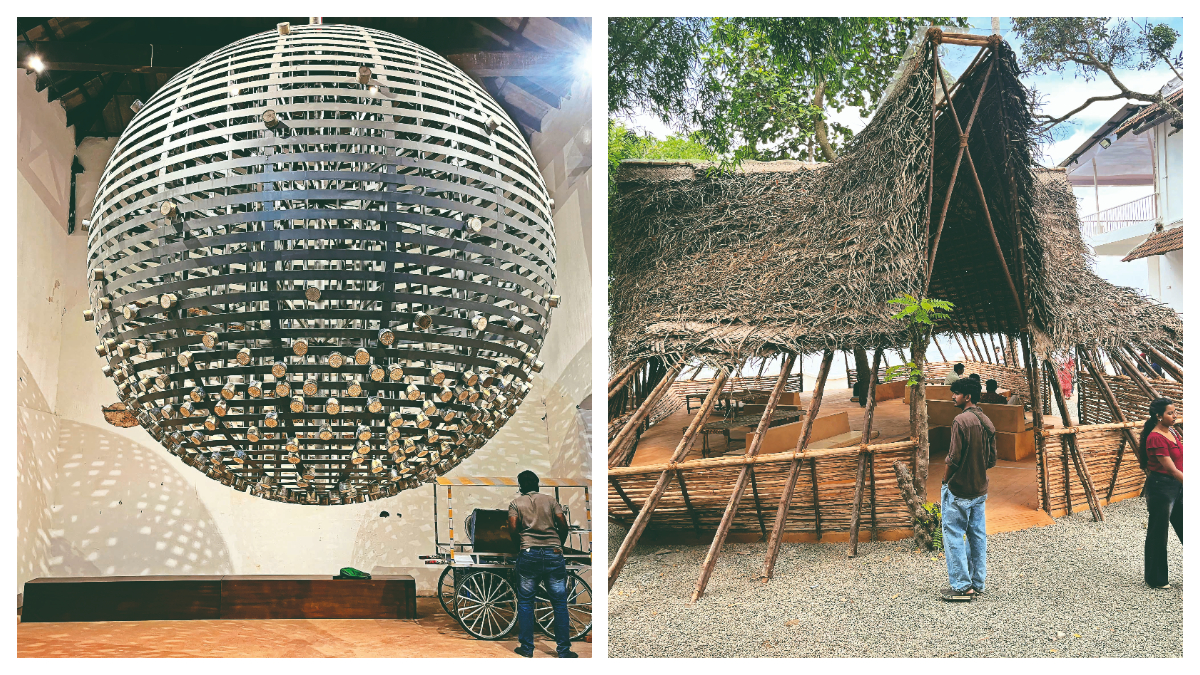 Barakah, an Indo-Pakistani collaborative work, by Anupama Kundoo and Bani Abidi (L) and Divine Smiles, Jamaica-born artist Nari Ward's giant spherical hanging installation (R) Barakah, an Indo-Pakistani collaborative work, by Anupama Kundoo and Bani Abidi (L) and Divine Smiles, Jamaica-born artist Nari Ward's giant spherical hanging installation (R)