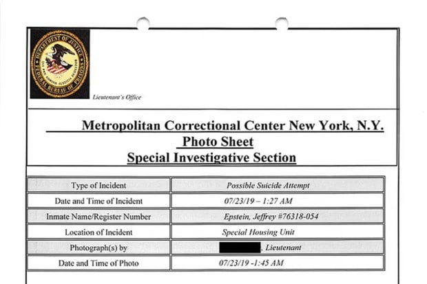A Metropolitan Correctional Centre shows a note of a “possible suicide attempt” in the early hours of July 23, 2019. (Photo source: DOJ)