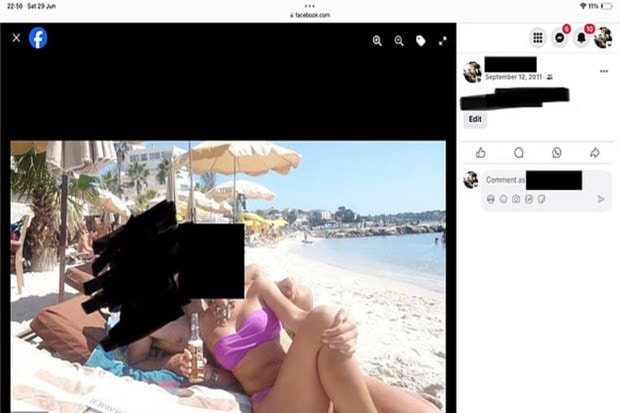 &nbsp;A screenshot of a Facebook post shows a man and a woman on a beach, faces have been hidden. (Photo source: DOJ)