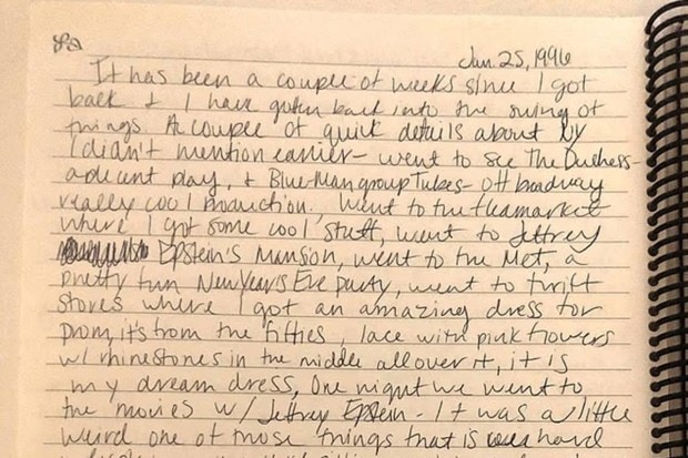 An alleged diary entry of an unnamed Epstein victim is included in the files. (Photo source: DOJ)