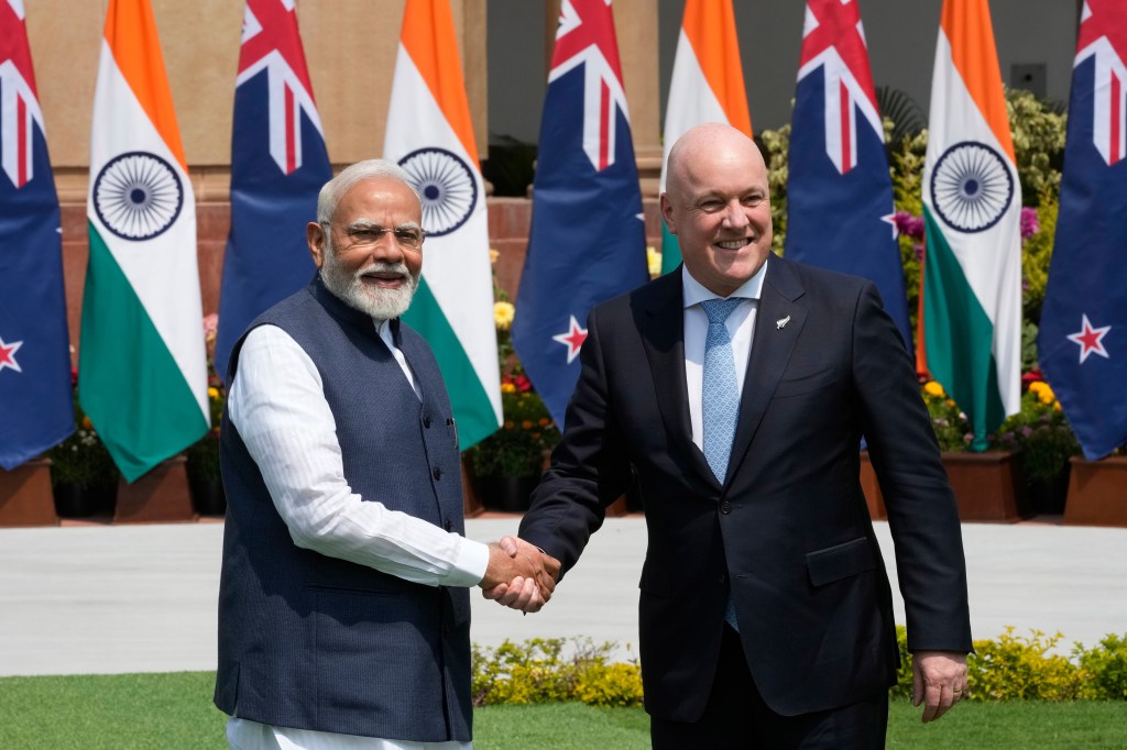 Indian Prime Minister Narendra Modi greets visiting New Zealand Prime Minister Christopher Luxon before their meeting in New Delhi (Photo: AP) Indian Prime Minister Narendra Modi greets visiting New Zealand Prime Minister Christopher Luxon before their meeting in New Delhi (Photo: AP)