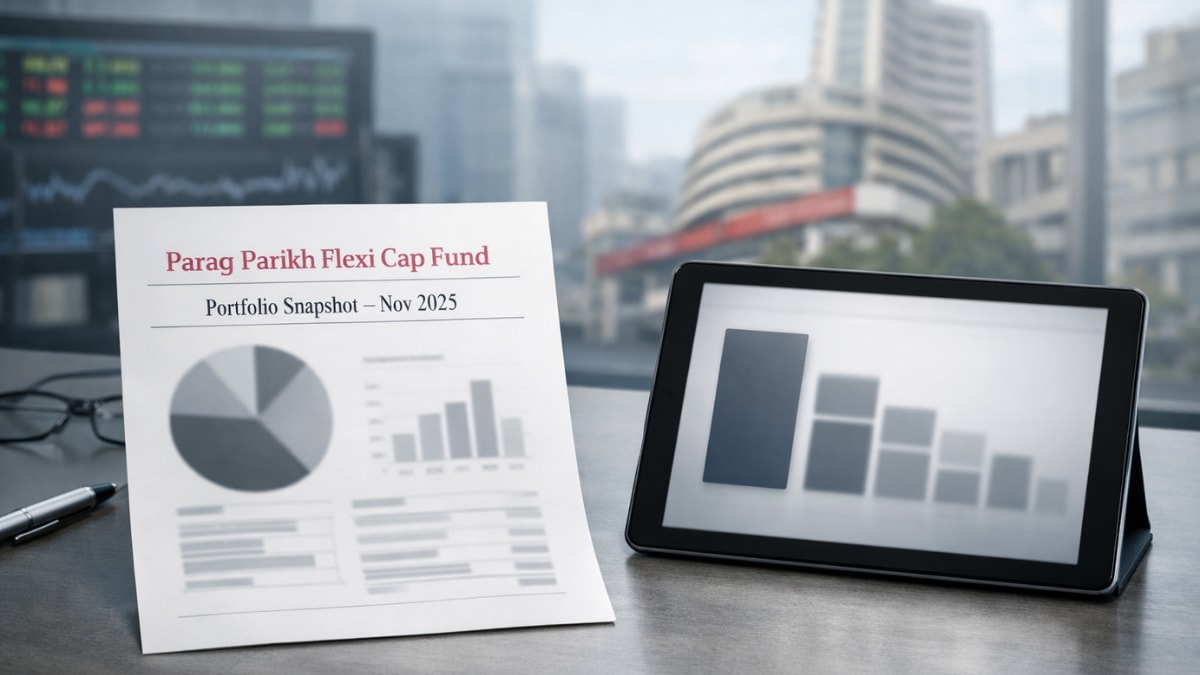 Illustration showing PPFAS Flexicap Fund’s Rs 1.3 lakh crore portfolio breakdown with HDFC Bank as its largest 8% holding, symbolizing the fund’s high-conviction strategy