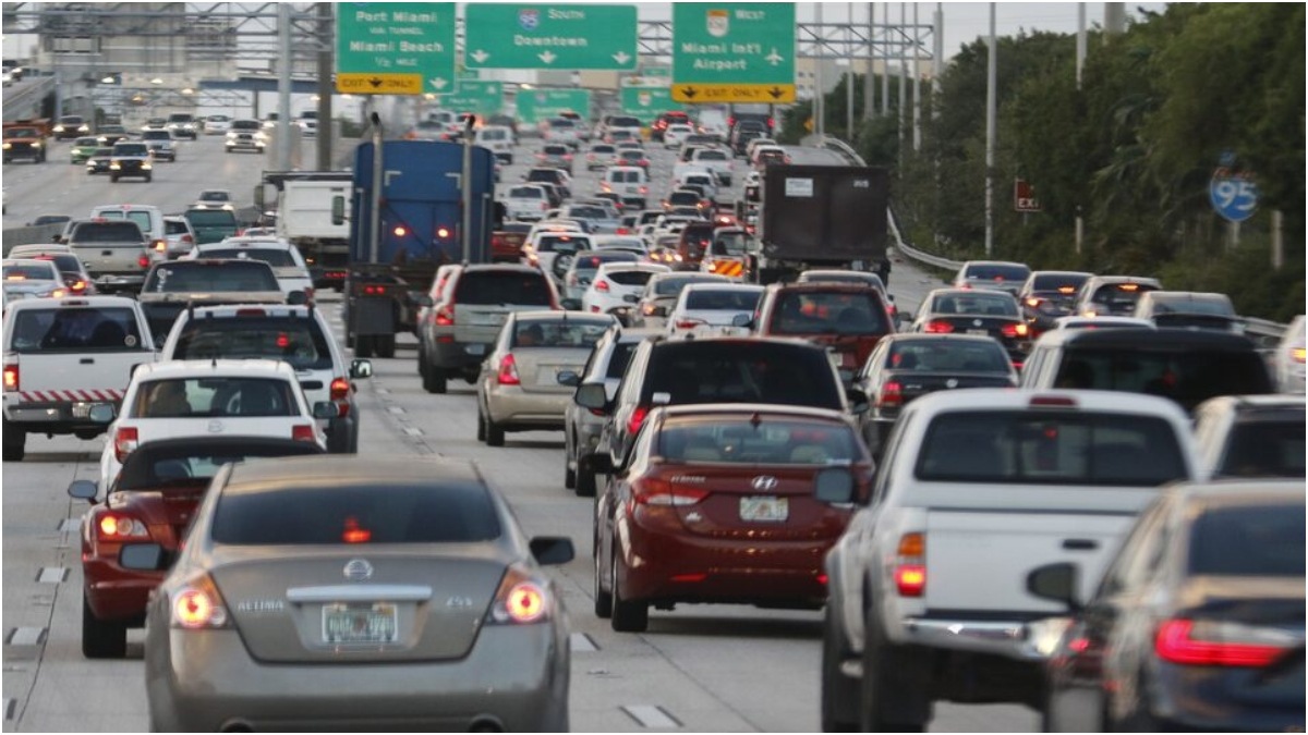 Rush hour traffic is shown on Interstate 95 near downtown Miami, Florida 