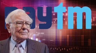 Split image showing Warren Buffett at a Berkshire Hathaway meeting and the declining stock chart of Paytm (One97 Communications) highlighting the investment loss.
