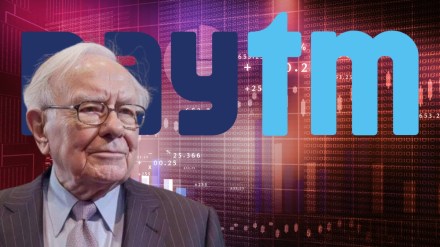 Split image showing Warren Buffett at a Berkshire Hathaway meeting and the declining stock chart of Paytm (One97 Communications) highlighting the investment loss.