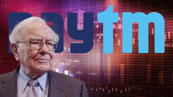 Split image showing Warren Buffett at a Berkshire Hathaway meeting and the declining stock chart of Paytm (One97 Communications) highlighting the investment loss.
