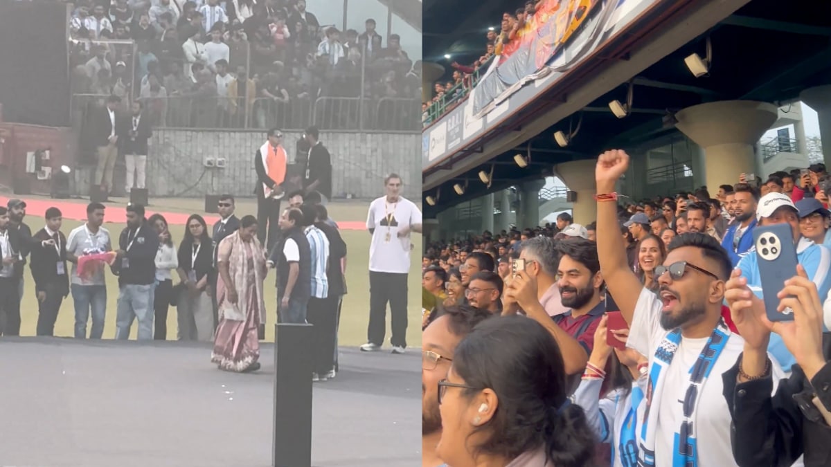 When Delhi CM Rekha Gupta entered Delhi’s Arun Jaitley Stadium to share the stage with football star Lionel Messi, who was on his GOAT India Tour, she was met with loud chants of “AQI, AQI”.