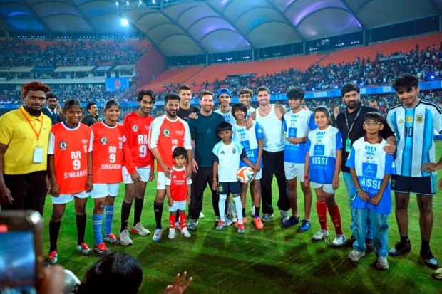Argentine football legend Lionel Messi’s GOAT India Tour 2025 showcased a mix of star-studded moments and fan chaos. In Hyderabad, Messi met Lok Sabha Leader of Opposition Rahul Gandhi and Telangana Chief Minister Revanth Reddy, joined Inter Miami teammates Rodrigo De Paul and Luis Suárez for a light football session, and presented a jersey and trophy to local dignitaries. Bollywood superstar Shah Rukh Khan also interacted with Messi during his Kolkata visit. However, the Kolkata leg faced disruptions as fans vandalised Salt Lake Stadium, citing poor crowd management, contrasting Hyderabad’s smooth proceedings. (Image: PTI)