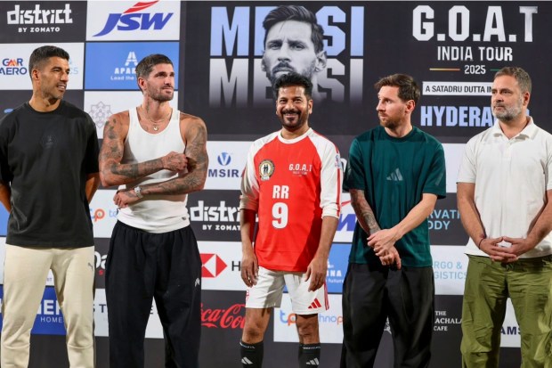 Leader of Opposition in the Lok Sabha Rahul Gandhi and Telangana Chief Minister Revanth Reddy are seen with Argentine football icon Lionel Messi and his Inter Miami teammates Rodrigo De Paul and Luis Suárez during an event held as part of the GOAT India Tour 2025 in Hyderabad. (Image: AICC via PTI)