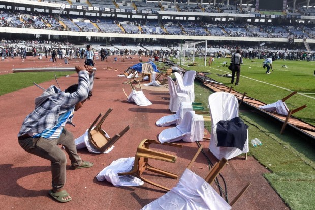 Angry fans vandalise the Salt Lake Stadium, alleging poor crowd management during Argentine footballer Lionel Messi’s GOAT India Tour 2025 event in Kolkata. (Image: ANI)