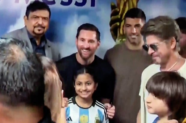 Actor Shah Rukh Khan meets Argentine football superstar Lionel Messi during his visit to Kolkata as part of the GOAT India Tour 2025. (Image: Sree Bhumi Sporting Club/ANI)