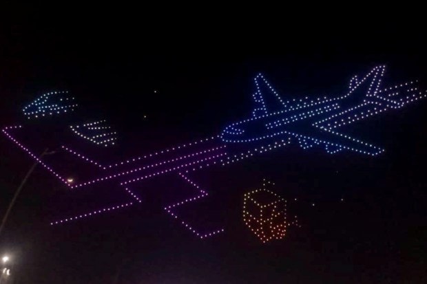 Drones light up the sky during an event held ahead of the operational launch of the Navi Mumbai International Airport (NMIA) in Navi Mumbai, Maharashtra. (Image source: PTI)