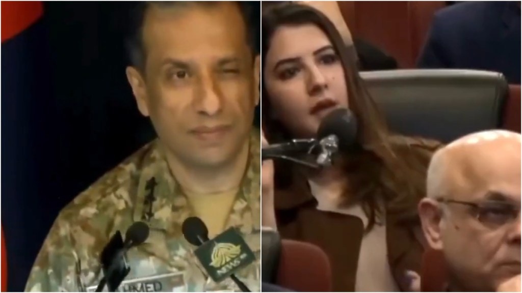 Lt Gen Ahmed Sharif Chaudhry sparked outrage after winking at a woman journalist during a press conference. Lt Gen Ahmed Sharif Chaudhry sparked outrage after winking at a woman journalist during a press conference.