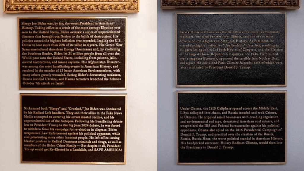 The plaque describes former US President Joe Biden as the “worst president in American history,” while former President Barack Obama is labelled as “one of the most divisive political figures”. The plaque describes former US President Joe Biden as the “worst president in American history,” while former President Barack Obama is labelled as “one of the most divisive political figures”.