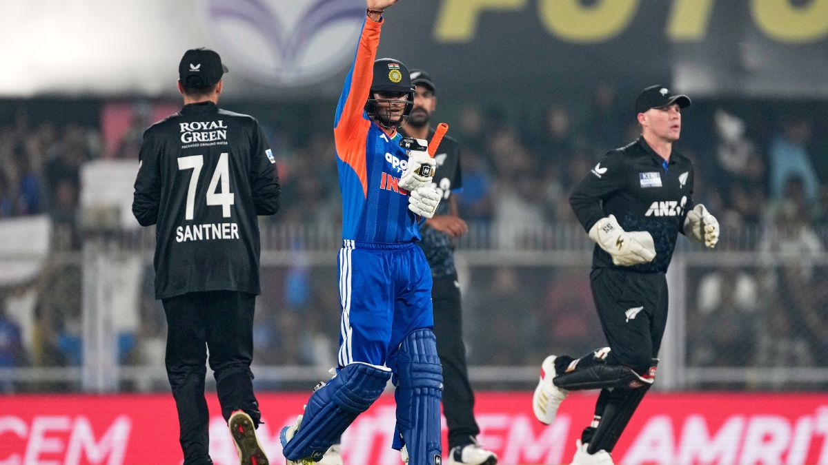 Abhishek Sharma celebrating his 14-ball fifty against New Zealand at Barsapara Stadium, Guwahati, during the 3rd T20I in 2026.