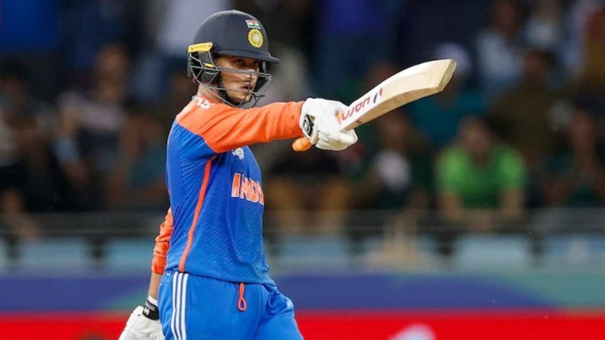 Indian cricketer Abhishek Sharma playing a powerful lofted shot over long-on during his match-winning 79-run knock against England at Eden Gardens.