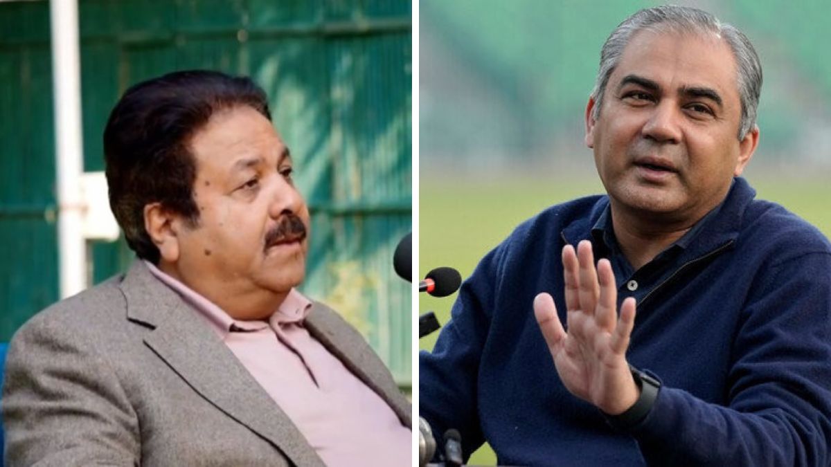 BCCI Vice President Rajeev Shukla speaking to reporters about the 2026 T20 World Cup schedule. On the right, Pakistan Cricket Board chair Mohsin Naqvi BCCI Vice President Rajeev Shukla speaking to reporters about the 2026 T20 World Cup schedule. On the right, Pakistan Cricket Board chair Mohsin Naqvi