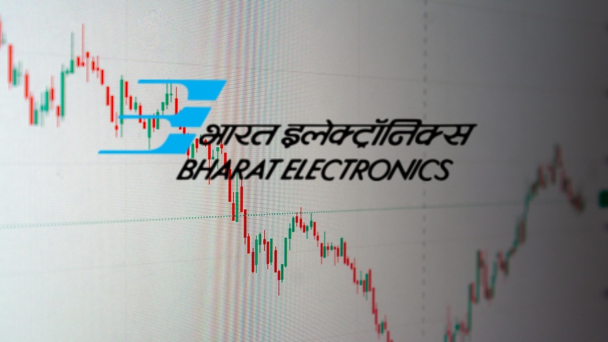Bharat Electronics (BEL) stock chart showing 2% rise after securing a ₹596 crore defence order for drone detection systems.