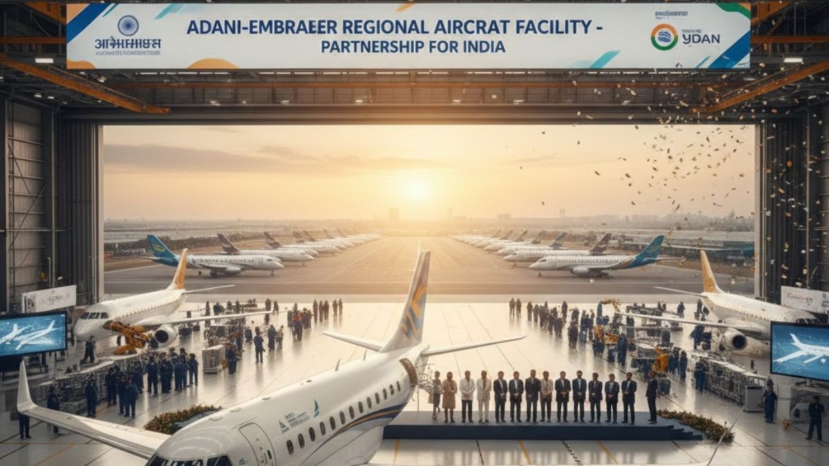 The Adani Group on Tuesday announced a strategic partnership with Brazilian aircraft manufacturer Embraer to set up a regional aircraft manufacturing facility in India. (AI generated image form Gemini) The Adani Group on Tuesday announced a strategic partnership with Brazilian aircraft manufacturer Embraer to set up a regional aircraft manufacturing facility in India. (AI generated image form Gemini)