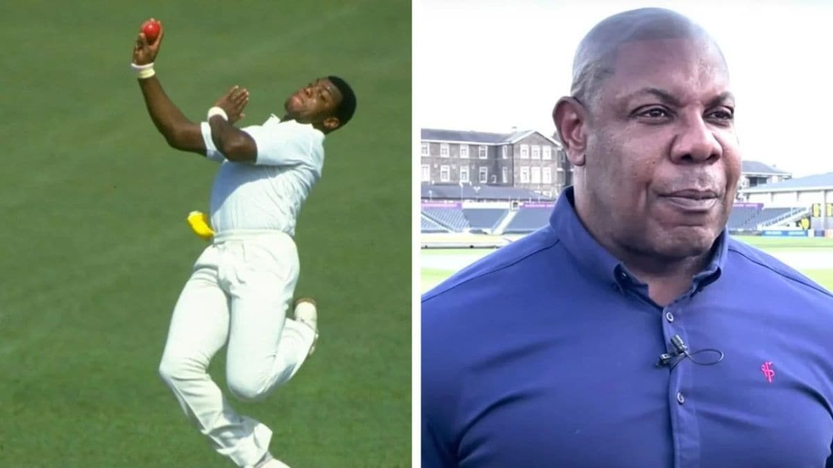 A side-by-side comparison of David Lawrence. On the left, he is mid-delivery in his white England cricket kit, bowling with high intensity. On the right, a recent portrait showing him smiling in a blue shirt at a cricket ground. A side-by-side comparison of David Lawrence. On the left, he is mid-delivery in his white England cricket kit, bowling with high intensity. On the right, a recent portrait showing him smiling in a blue shirt at a cricket ground.