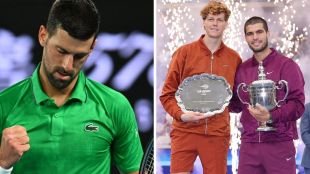 Novak Djokovic during quarter-final win at the 2026 Australian Open in split image with Jannik SInner and Carlos Alcaraz