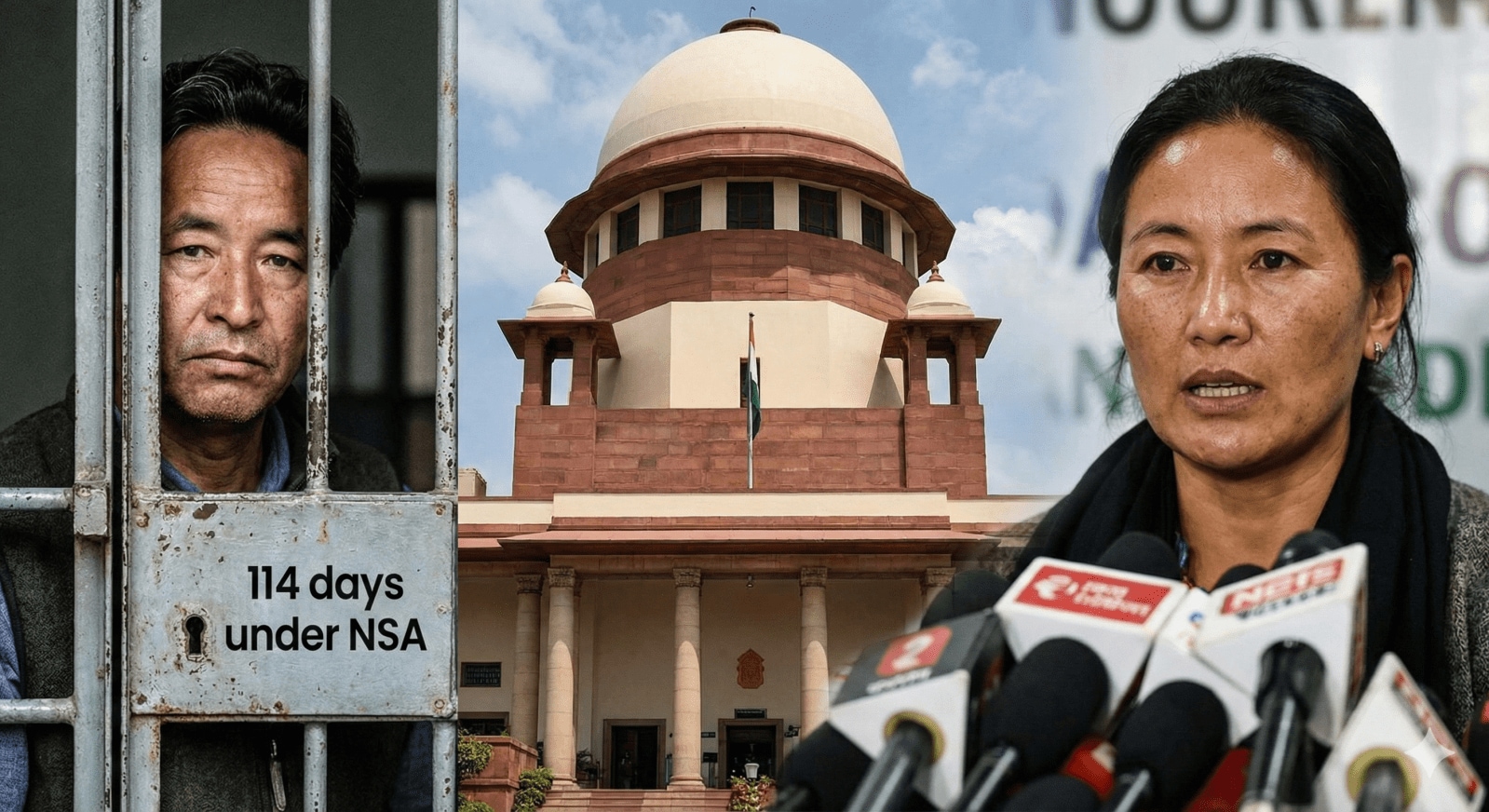 Climate activist Sonam Wangchuk (left) has spent 114 days in custody. His wife alleges "stale evidence" and delay tactics are stalling his Supreme Court hearing.