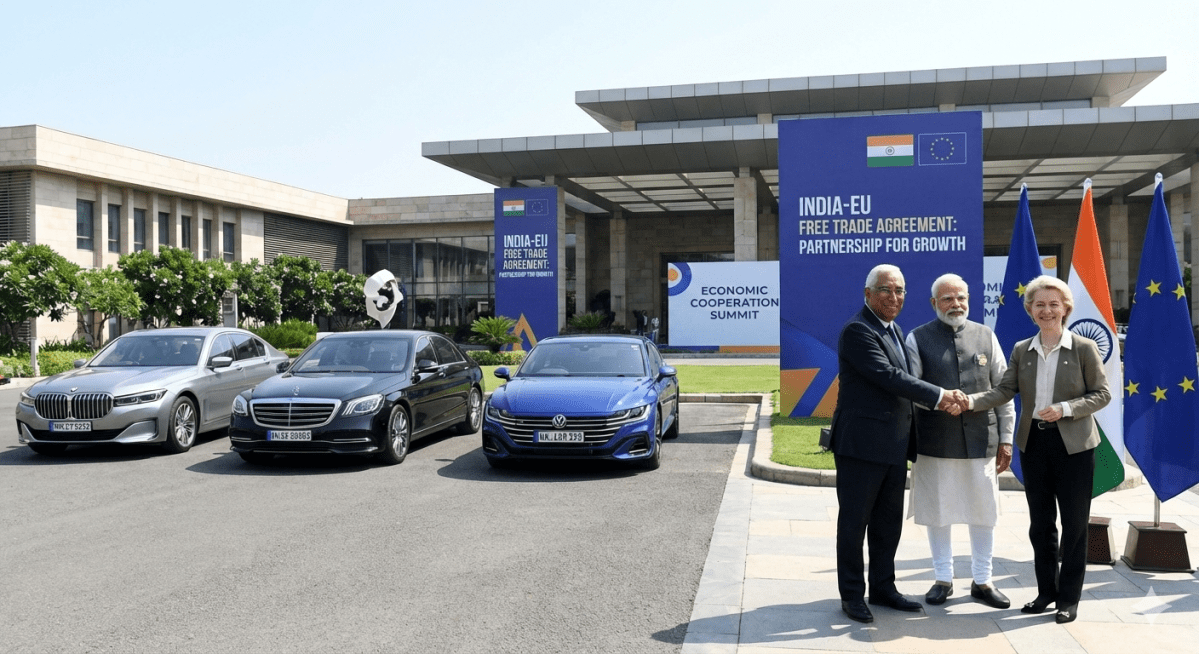 Indian PM Narendra Modi shakes hands with EU leaders António Costa and Ursula von der Leyen next to a lineup of Mercedes-Benz, BMW, and Volkswagen luxury cars at an India-EU FTA summit.