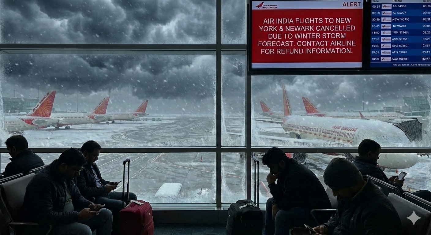 "Interior view of an airport terminal where passengers wait near a window looking out at several Air India airplanes parked on a snowy, ice-slicked tarmac. Dark, dramatic storm clouds fill the sky. A digital 'ALERT' screen prominently displays a message regarding flight cancellations to New York and Newark due to a winter storm, including contact info for refunds."