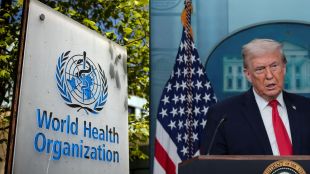 Editorial illustration of a global health system with a missing US-shaped funding pillar, symbolizing the 133 million dollar deficit.