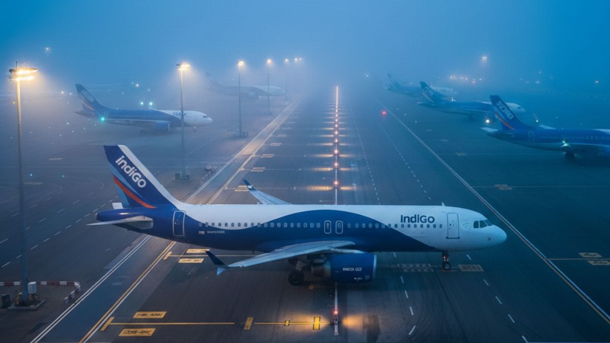 An IndiGo aircraft parked on the tarmac at an Indian airport, amid regulatory action by the DGCA impacting the airline’s winter flight operations and slot allocations.