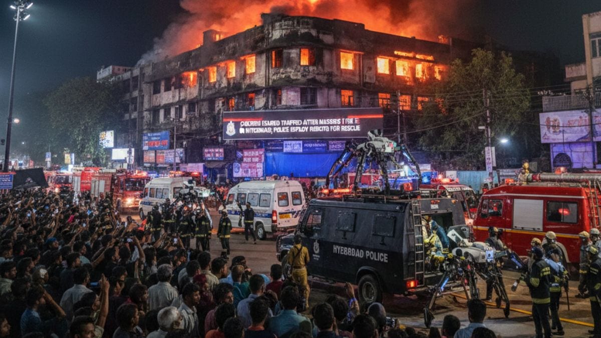 A high-stakes emergency scene in Nampally, Hyderabad, where a massive fire engulfs a multi-story building under a dark sky. Intense orange flames and thick black smoke pour from the windows. In the foreground, a large crowd of onlookers and emergency responders stand near Hyderabad Police vehicles. A specialized rescue robot is being deployed from a police van to assist in the operation. The atmosphere is chaotic and urgent, captured in a photorealistic news photography style.
