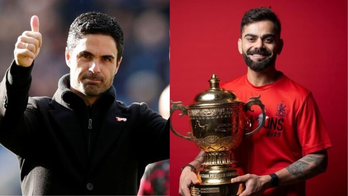 : A split-screen comparison showing RCB's Virat Kohli celebrating a trophy win with confetti on the left and Arsenal manager Mikel Arteta holding an Arsenal scarf on the right, symbolizing the end of a title drought.