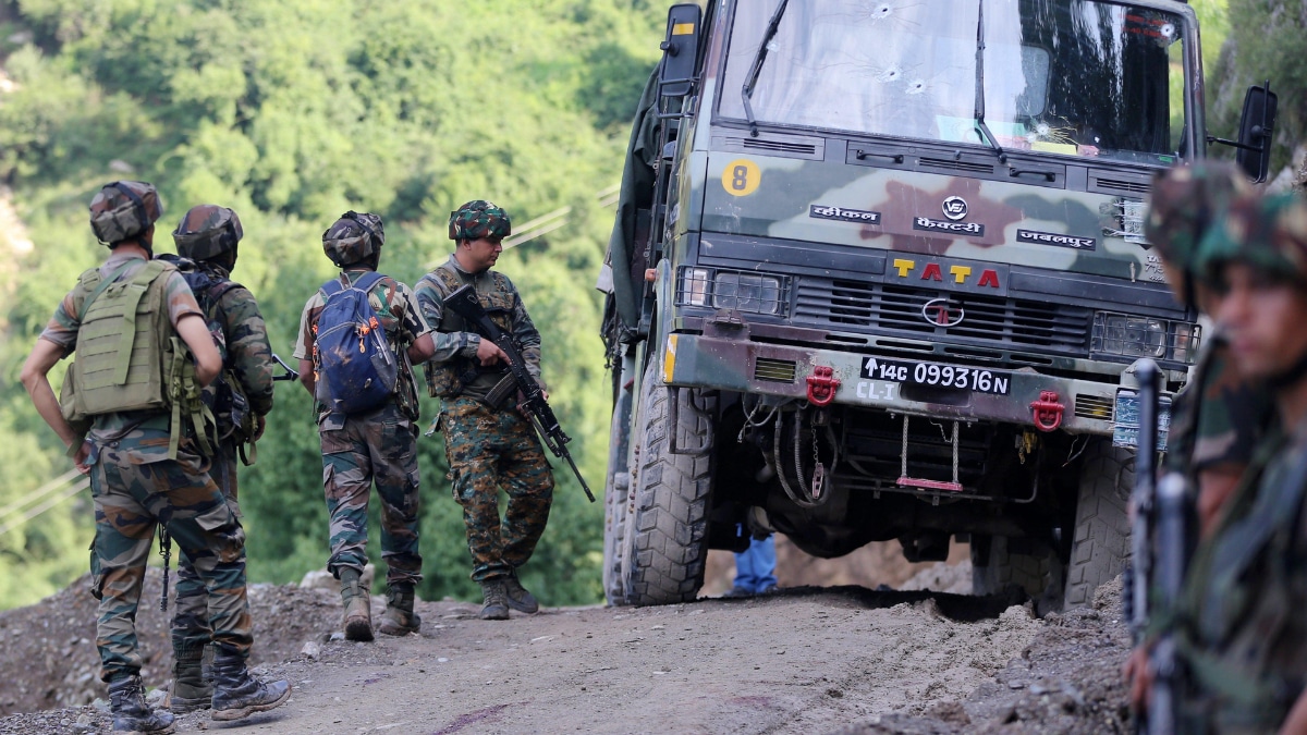 Rescue teams at the site where an Indian Army vehicle fell into a gorge in Jammu and Kashmir’s Doda district
