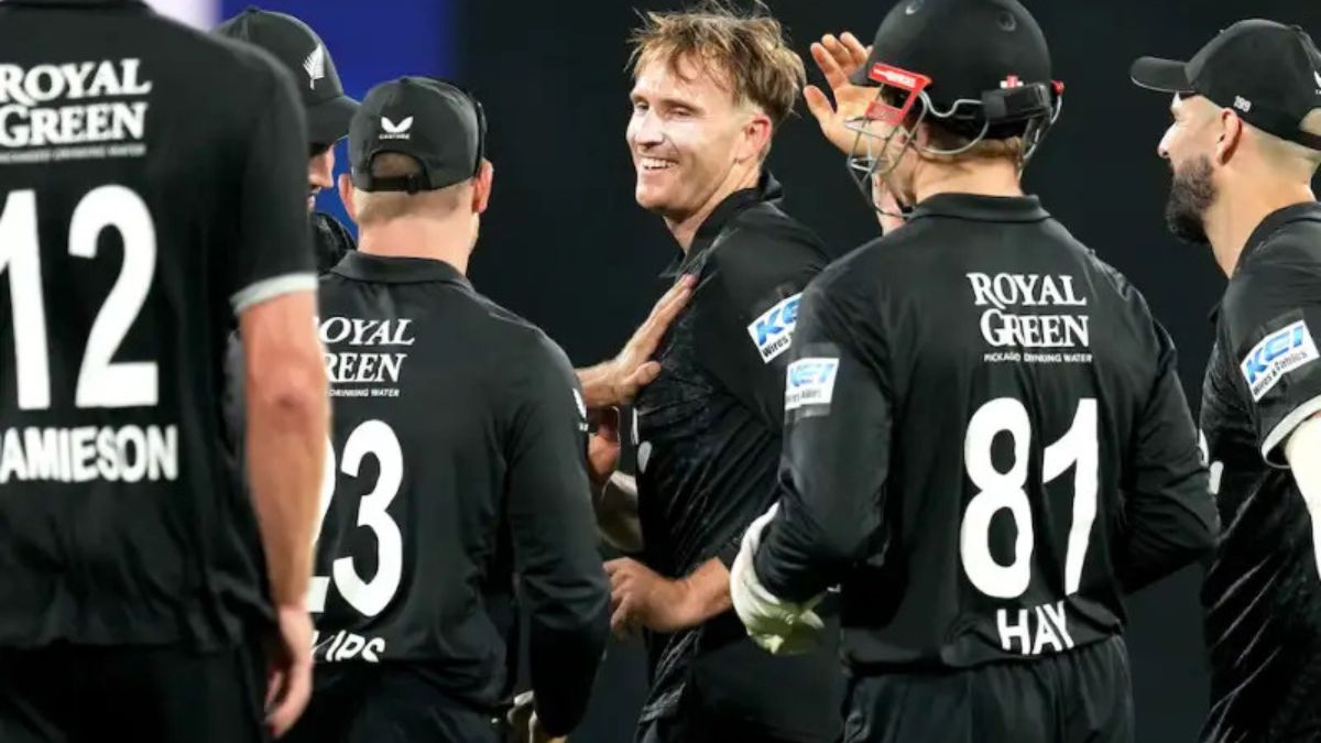 A photo of New Zealand left-arm spinner Jayden Lennox bowling against India at the Holkar Stadium, Indore. Lennox, a 31-year-old former golf course greenskeeper and lab technician, made a historic debut series impact in 2026.