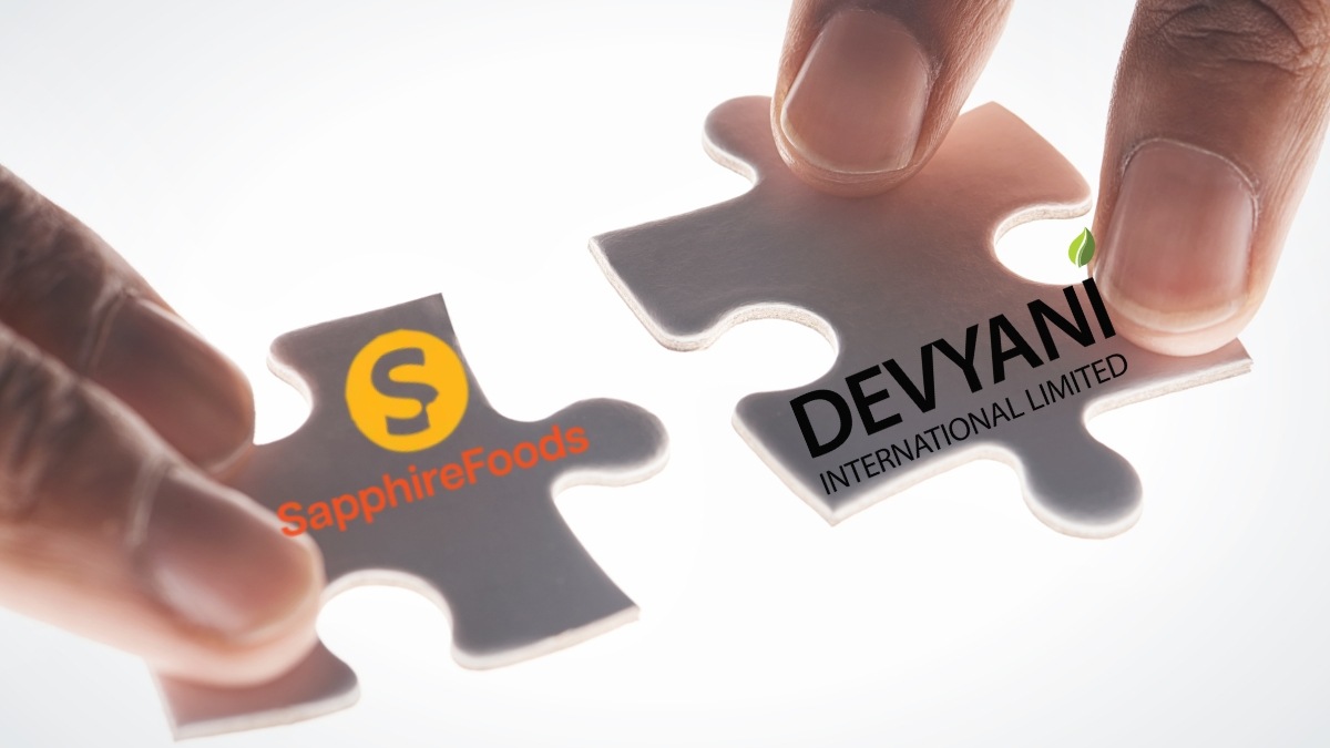 Stock market chart showing Devyani International share price jumping 8 percent and Sapphire Foods falling 6 percent following the KFC-Pizza Hut merger announcement.