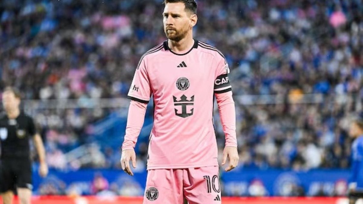 Lionel Messi in his Inter Miami kit next to an Al Ittihad logo, representing the 1.4 billion euro offer he rejected for a move to Major League Soccer.