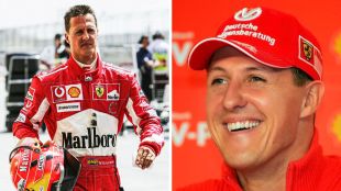 F1 legend Michael Schumacher smiling in his red Ferrari racing suit