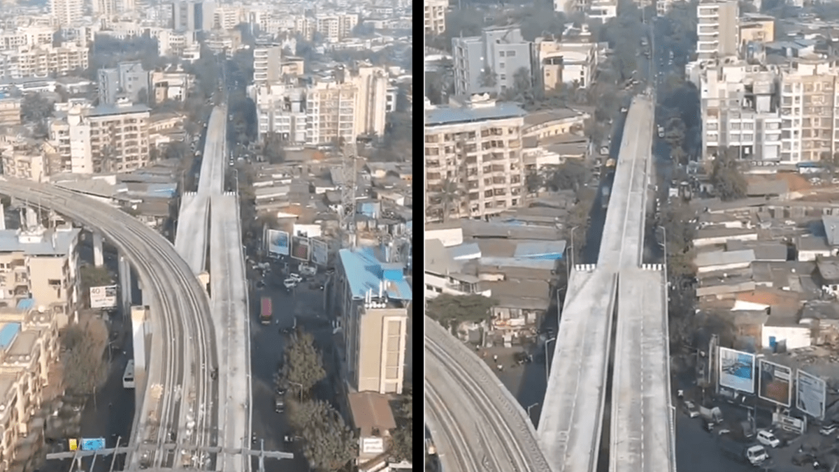 The flyover runs along Metro Line 9 and connects the Mira Bhayandar Road with Golden Nest Circle in Bhayandar --- one of the busiest junctions in the area where five roads meet and traffic remains heavy throughout the day. (X video screengrab) The flyover runs along Metro Line 9 and connects the Mira Bhayandar Road with Golden Nest Circle in Bhayandar --- one of the busiest junctions in the area where five roads meet and traffic remains heavy throughout the day. (X video screengrab)