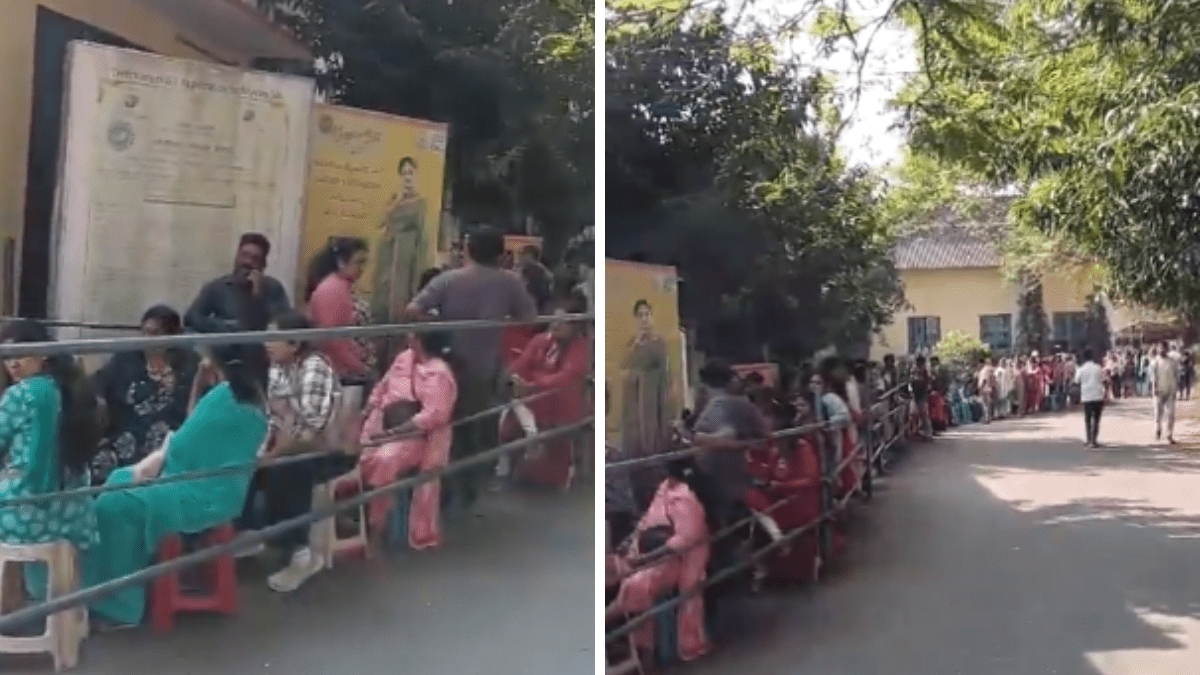 Women standing in early morning queues outside a Karnataka Silk Industries Corporation showroom to purchase authentic Mysore silk sarees