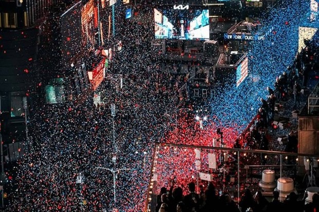 Red, blue, and white confetti (tiny shiny material) showered the crowd during the New Year’s Eve festivities related to the United States’s 250 year-Semiquincentennial celebrations. (Photo source: AP)