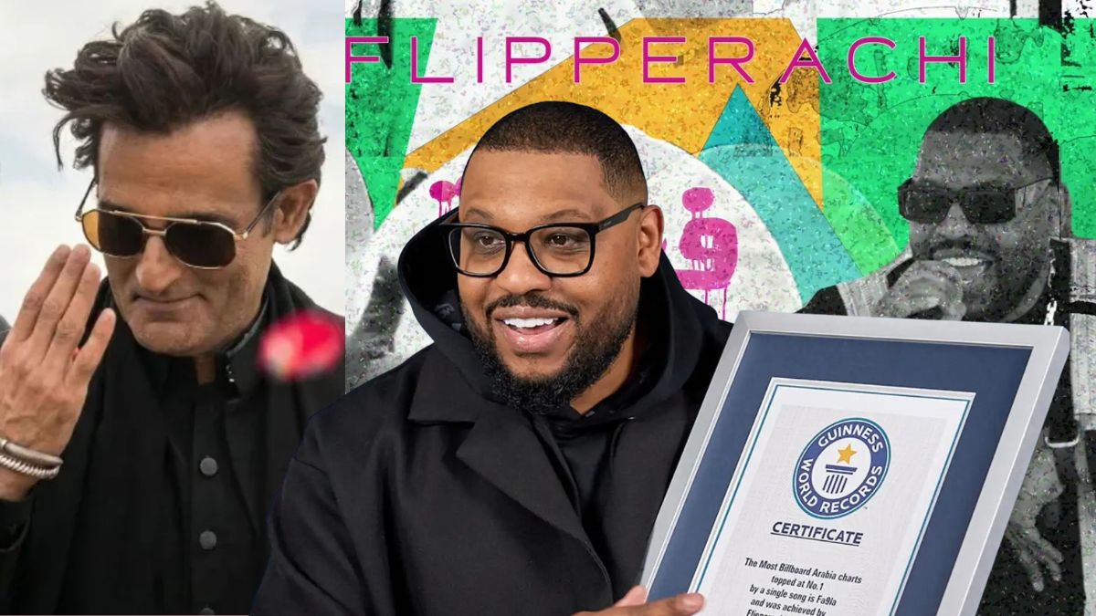 Flipperachi poses with a billboard celebrating his Guinness World Records entry for the song ‘Fa9la’ from Dhuradhar, marking a historic milestone for Indian rap music- live