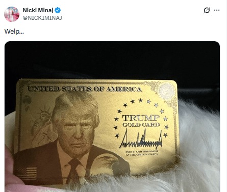 Nicki Minaj flaunts Trump’s gold card, calls herself his No. 1 fan