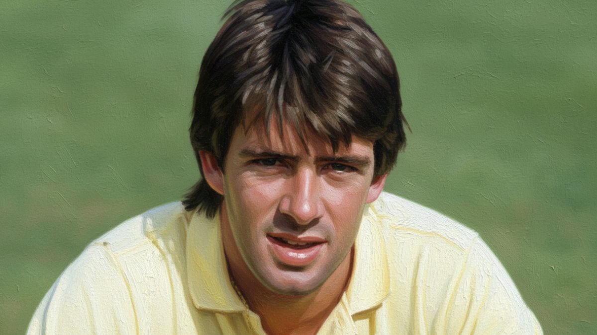 Artistic oil painting of former Australian cricketer Simon O’Donnell in a light yellow polo shirt. The painting features visible brushstroke textures and a soft green background, capturing a focused and determined expression on his face.
