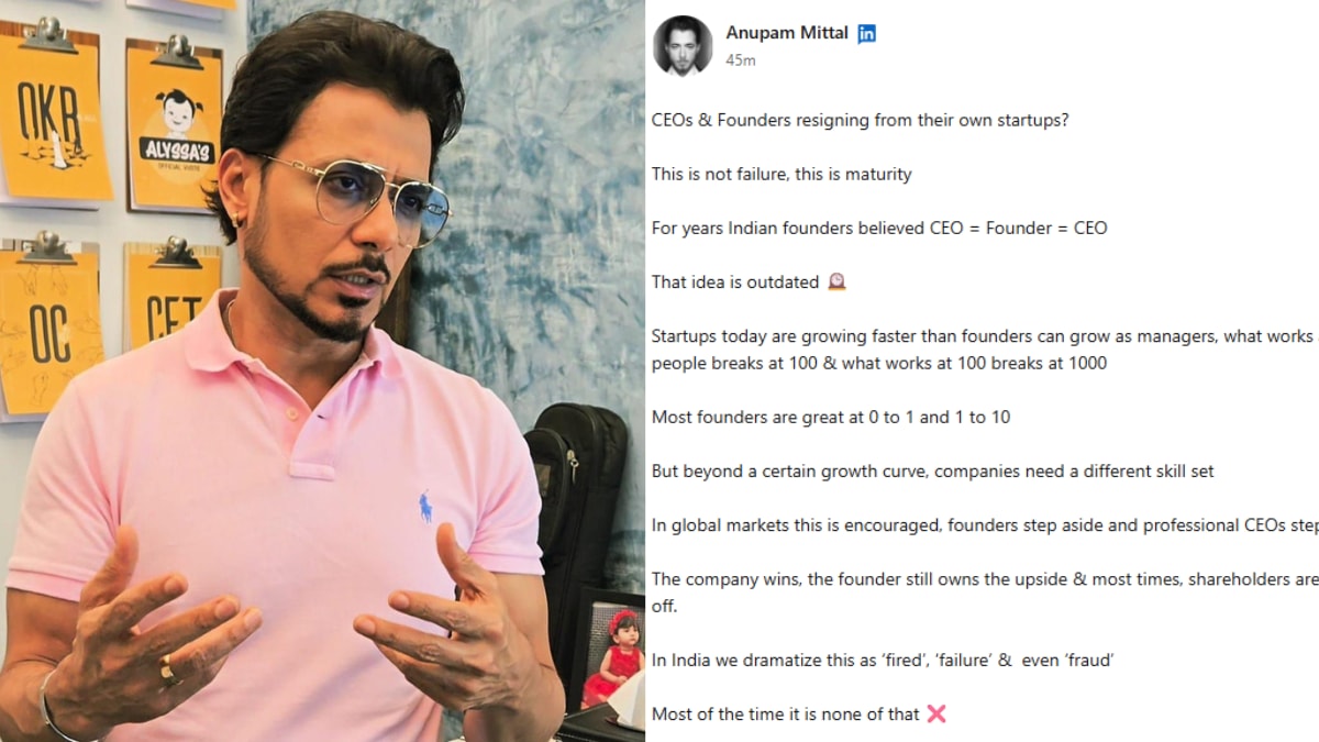 Startup expert Anupam Mittal argues that founders like Deepinder Goyal stepping down as CEO reflect organisational maturity, echoing global best practices in scaling companies.