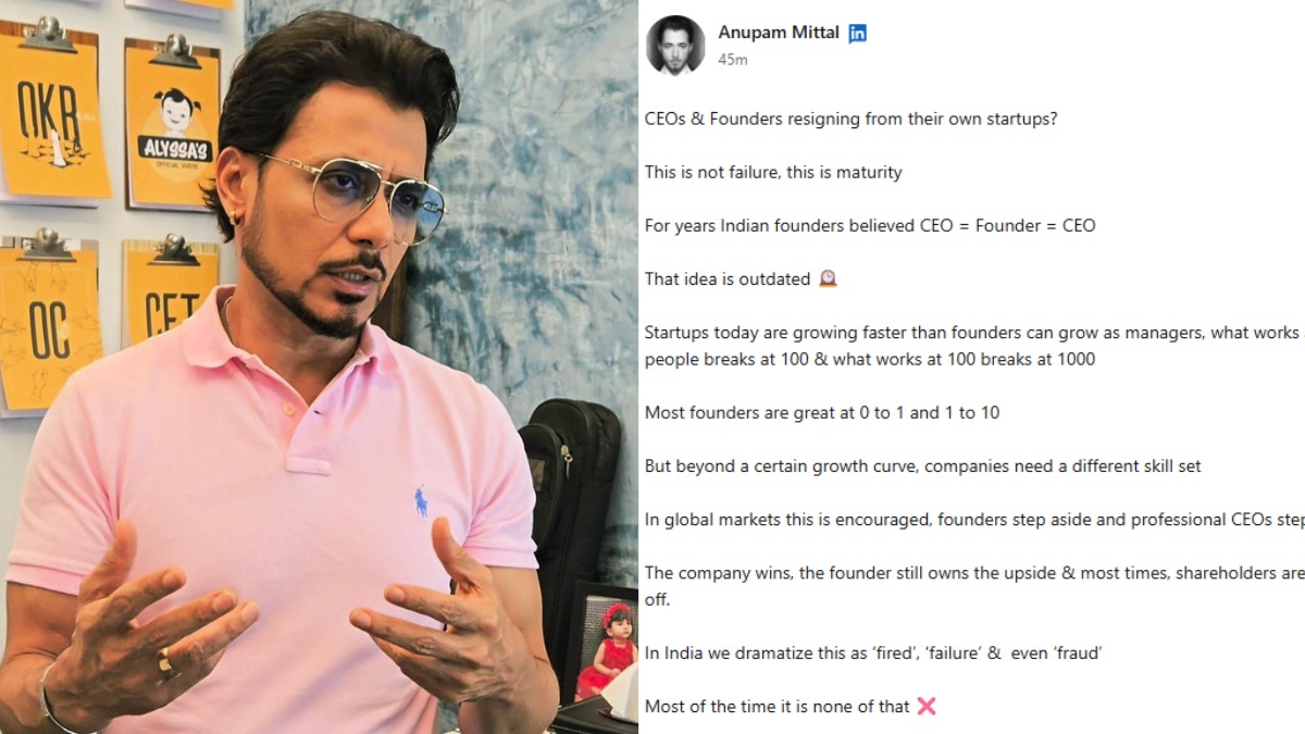 Startup expert Anupam Mittal argues that founders like Deepinder Goyal stepping down as CEO reflect organisational maturity, echoing global best practices in scaling companies.