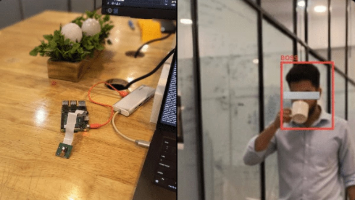 AI-powered camera system detecting a manager near a desk and automatically changing a computer screen from Netflix to a code editor.