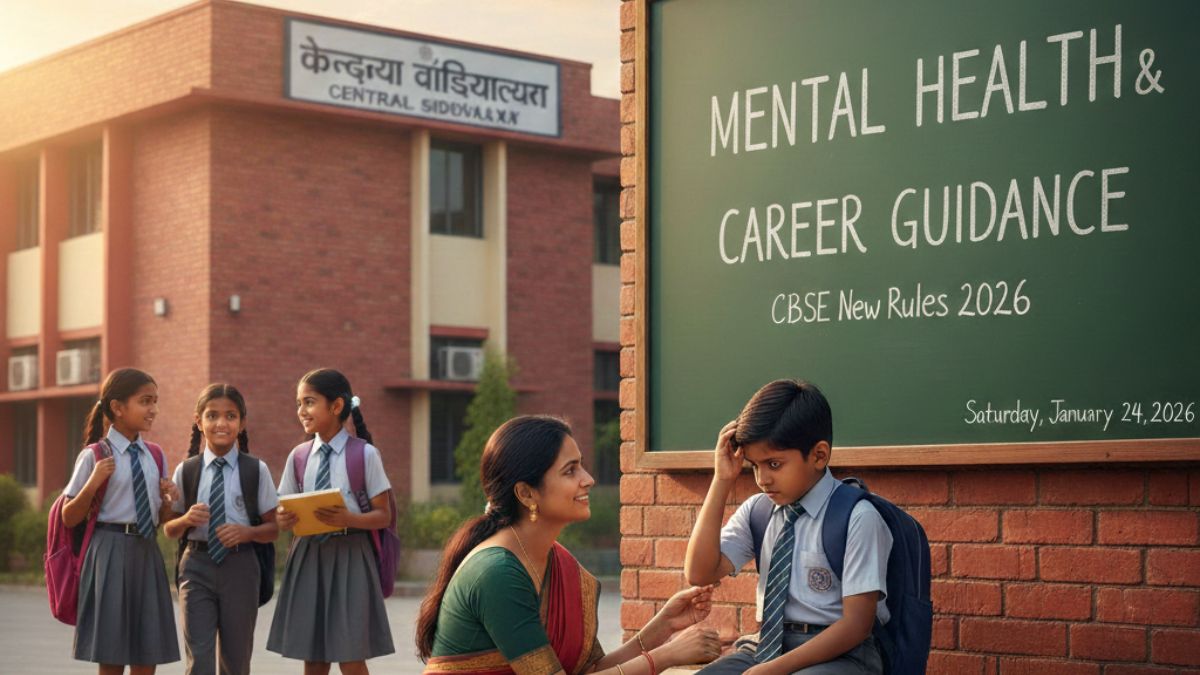 Indian teacher comforting a frustrated student in a CBSE school courtyard near a blackboard about mental health.