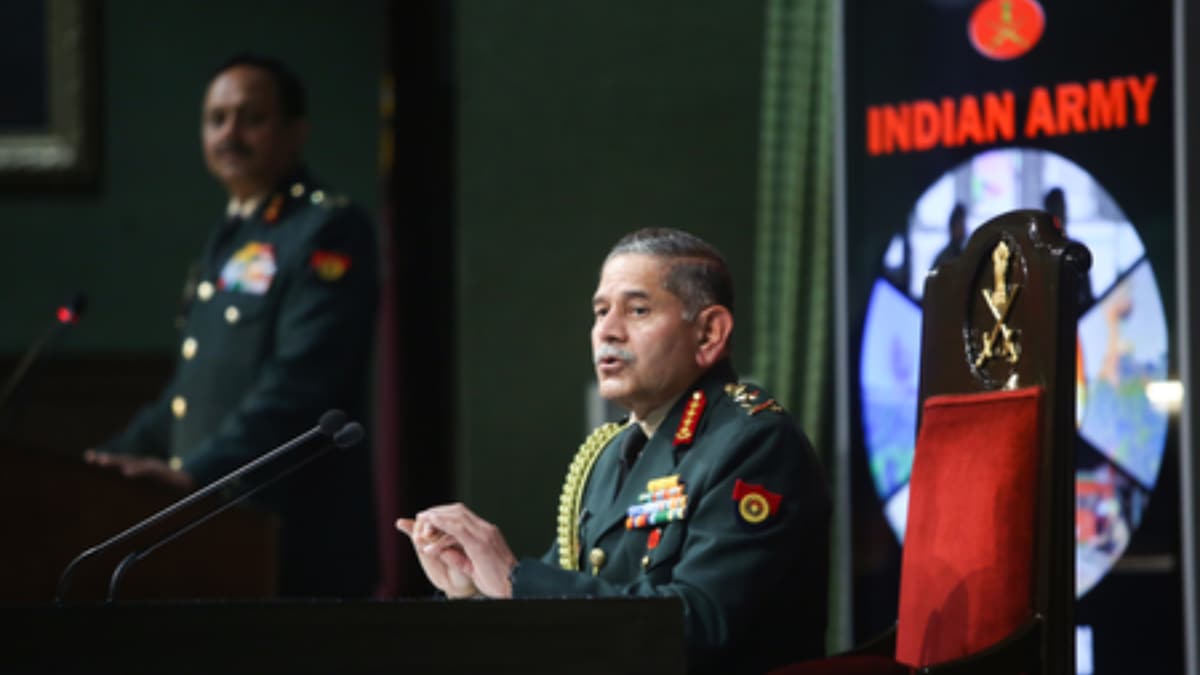 Indian Army Chief General Upendra Dwivedi speaking at a podium during a formal press conference, discussing military readiness and the strategic turning points of Operation Sindoor against terror infrastructure.