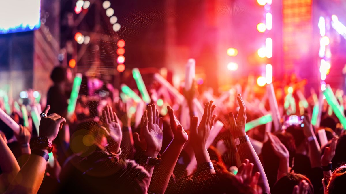 Concert crowd and tourists illustrating India’s Orange Economy growth highlighted in the Economic Survey 2025-26